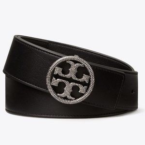 Tory Burch $248 WIDE Embellished Crystal Paved  Logo Buckle Leather Belt XS S